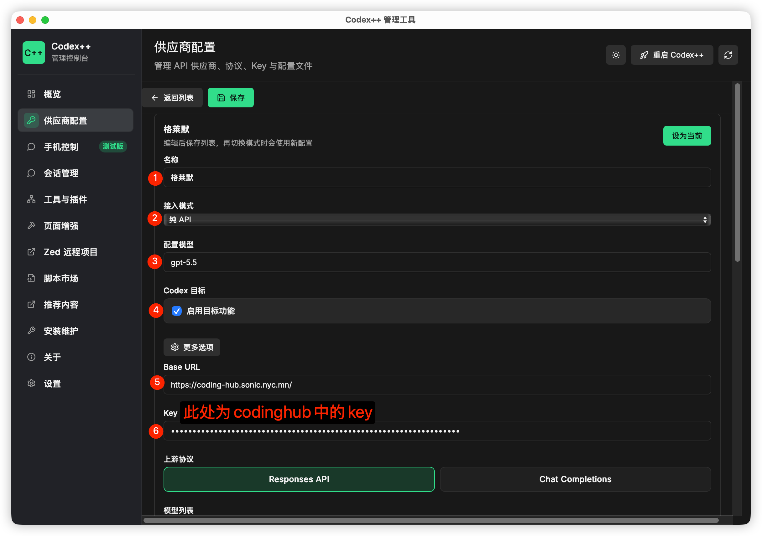 Codex++ 管理工具中填写 Coding Hub 配置